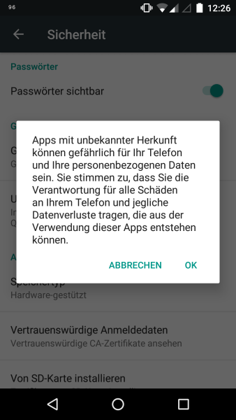 Warnung in den Einstellungen von Android 6 beim Erlauben der Installation von Apps aus „unbekannter Herkunft“.